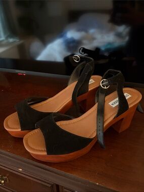 Steve Madden Black Suede Platform Sandals with Tan Wood Block Heel